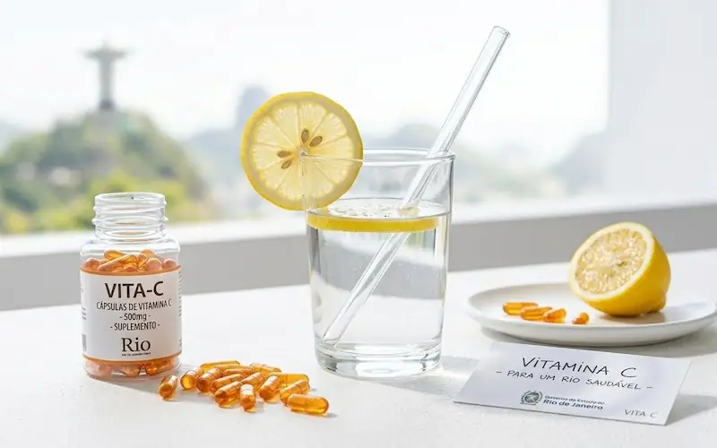 Suplementos de Vitamina C em cápsulas para imunidade.