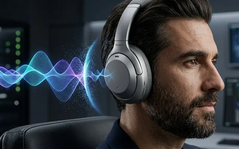 Ilustração técnica de fone bluetooth com cancelamento de ruído ativo bloqueando ondas sonoras.