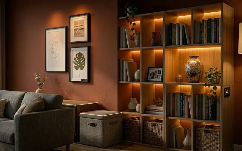 Fita LED inteligente instalada atrás de uma prateleira de livros na sala.