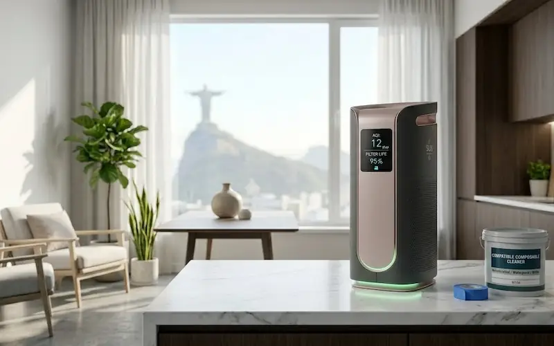 Composteira elétrica moderna de bancada processando resíduos orgânicos.