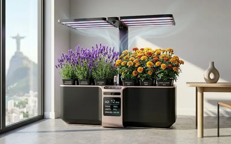 Sistema de cultivo indoor com luz LED para plantas repelentes.