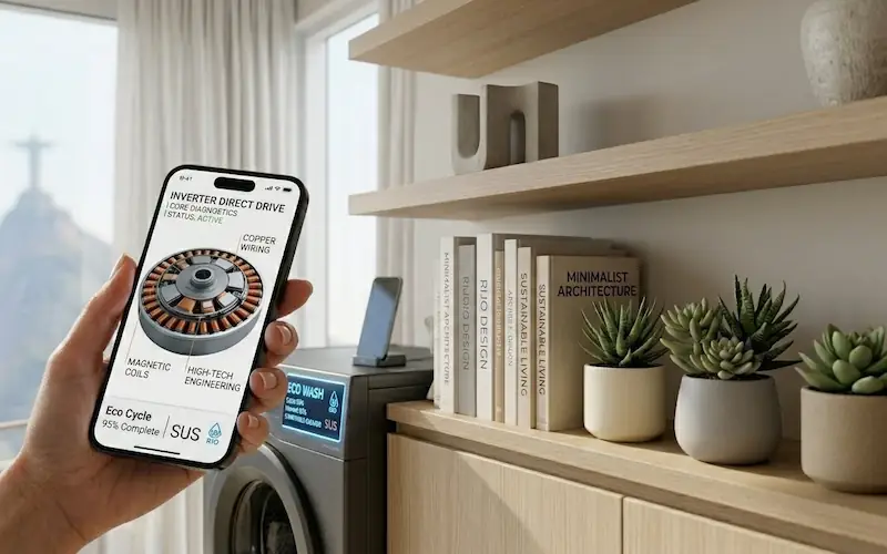 Pessoa usando smartphone para controlar o ciclo da máquina de lavar roupas via Wi-Fi.