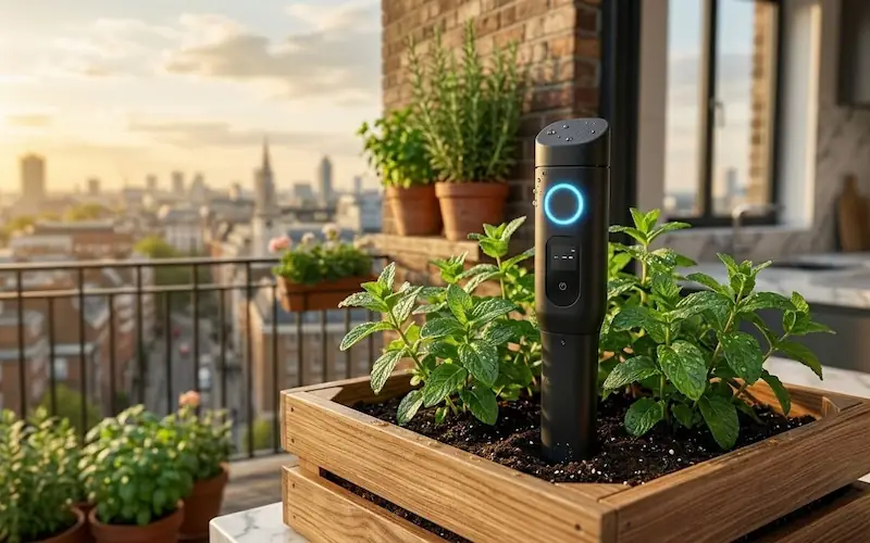 Sensor de umidade IoT inserido na terra de uma horta em casa conectada.