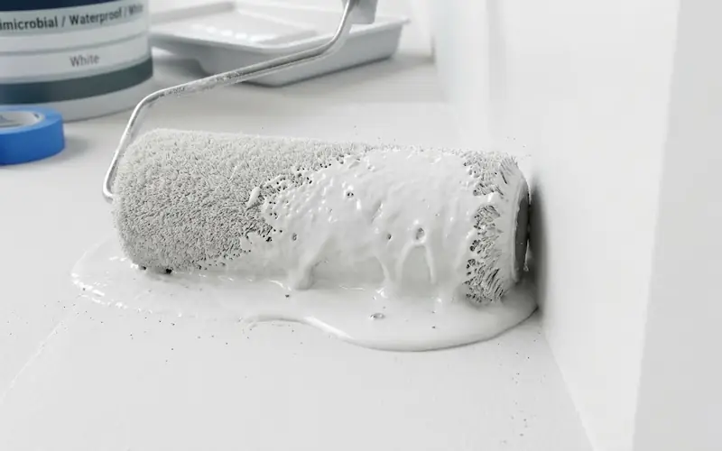 Aplicação de tinta impermeabilizante branca sobre uma parede preparada.