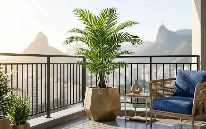 Arranjo de plantas artificiais em uma área externa resistente ao sol.