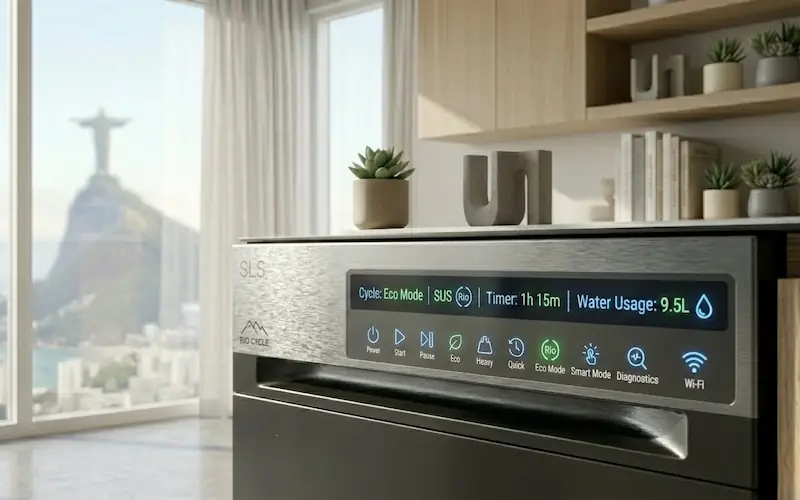 Painel touch digital de uma máquina de lavar louça inteligente com ícones luminosos suaves.