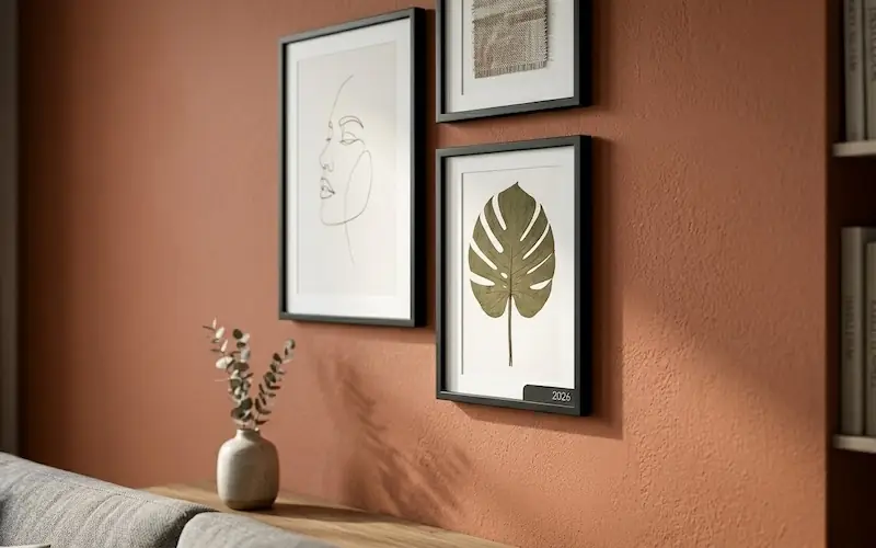 Parede de destaque pintada em tom terracota com quadros minimalistas.
