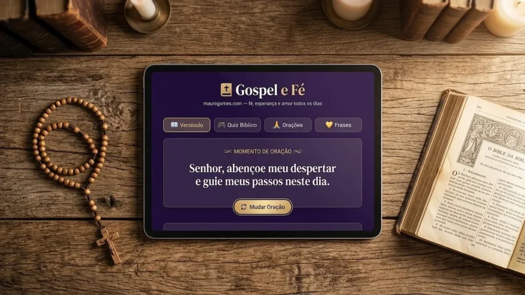 Um tablet moderno exibindo uma aplicação interativa com versículos bíblicos, quiz cristão e orações em um ambiente de luz suave e bíblias antigas ao fundo.