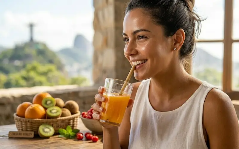 Mulher com pele radiante consumindo Vitamina C natural.