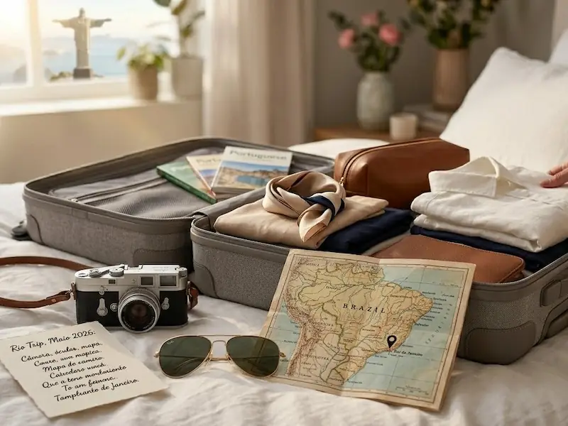 Mala de viagem com câmera fotográfica preparada para uma experiência de viagem no Dia das Mães.
