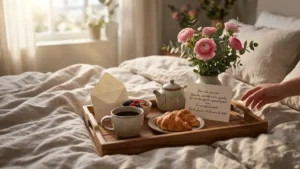Mesa de café da manhã decorada com flores e cartão de presente para o Dia das Mães.
