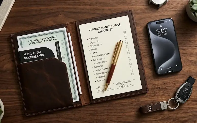 Pasta de couro organizada contendo documentos de veículo e um checklist de manutenção.