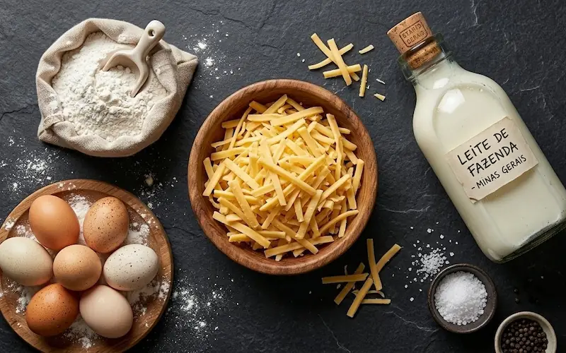Ingredientes organizados em tigelas de cerâmica: polvilho, queijo canastra ralado e ovos caipiras.