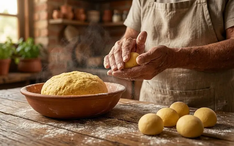 Mãos de uma cozinheira modelando pequenas bolinhas de massa de pão de queijo mineiro em uma bancada de madeira.