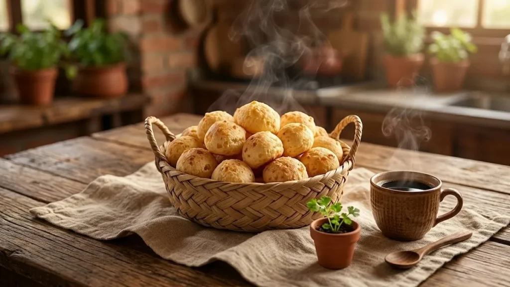 Uma cesta de vime com pães de queijo mineiro dourados e fumegantes sobre uma toalha de mesa rústica.