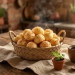 Uma cesta de vime com pães de queijo mineiro dourados e fumegantes sobre uma toalha de mesa rústica.