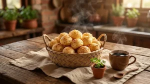Uma cesta de vime com pães de queijo mineiro dourados e fumegantes sobre uma toalha de mesa rústica.