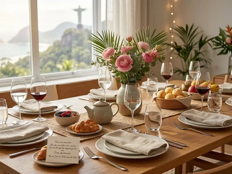 Mesa posta com detalhes em cerâmica para o almoço especial de comemoração do Dia das Mães.