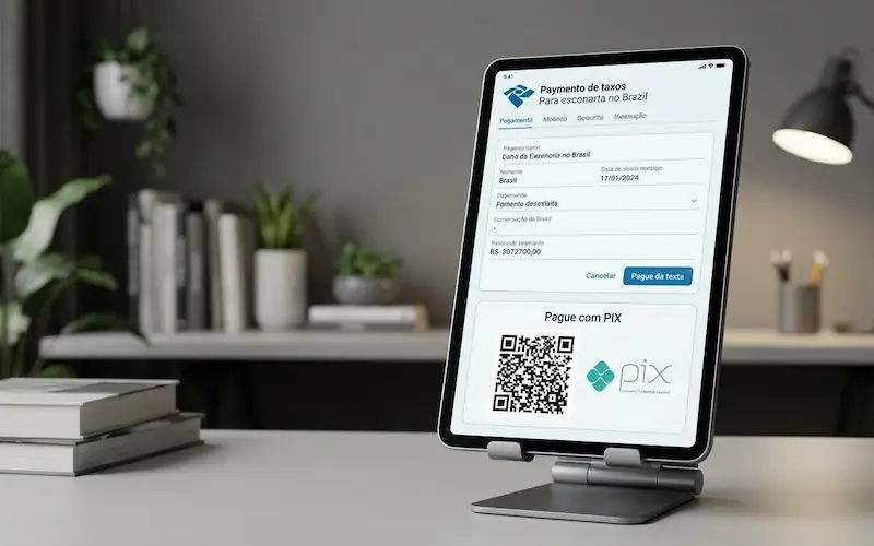 Close-up de um tablet exibindo um QR Code para pagamento do IPVA 2026 via PIX.