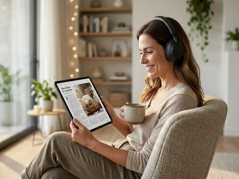 Mãe sorridente usando fones de ouvido e tablet como sugestão de presente tecnológico de Dia das Mães.